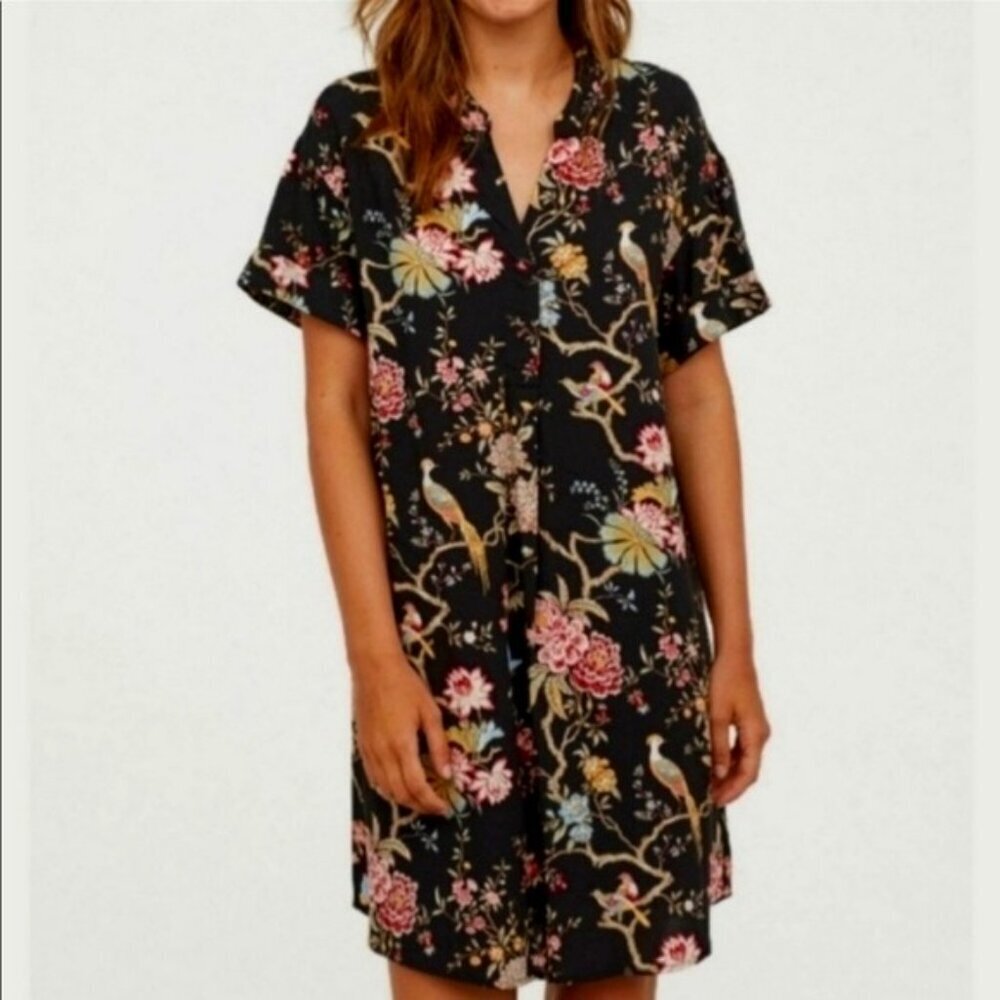 CP&J‎ Baker H&M Shirt Shift Dress Peacock Floral Tunic Long Sleeve Button Boho